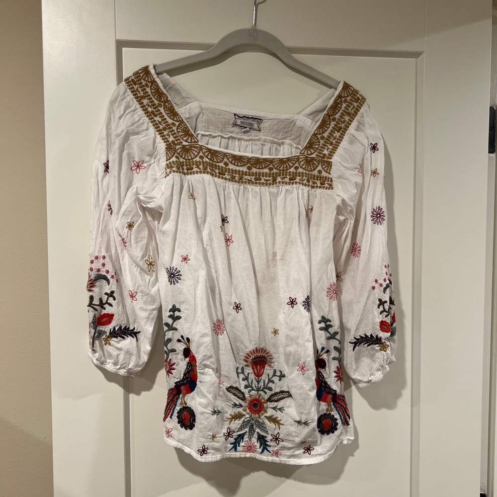Johnny Was Bird Deer Embroidered Peasant Top